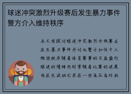 球迷冲突激烈升级赛后发生暴力事件警方介入维持秩序